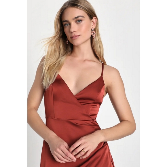 LULUS Elevated Elegance Rust Orange Satin Surplice Tulip Maxi Dress Small - Picture 4 of 6